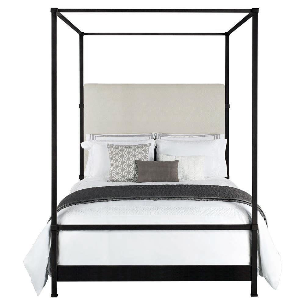 Quade Sugarshack Pearl Performance Upholstered Matte Black Iron Canopy Bed - King